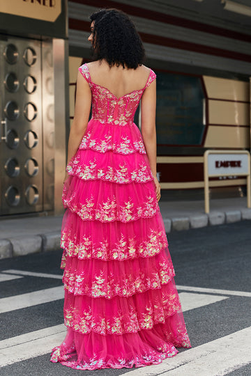 Trendy A Line Off the Shoulder Fuchsia Corset Prom Dress with Split Front